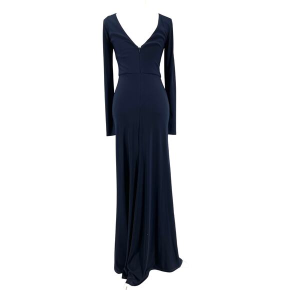Vera Wang Navy Blue Long Sleeve V Neck Ruched Evening Gown Long Dress (4) - Picture 3 of 13